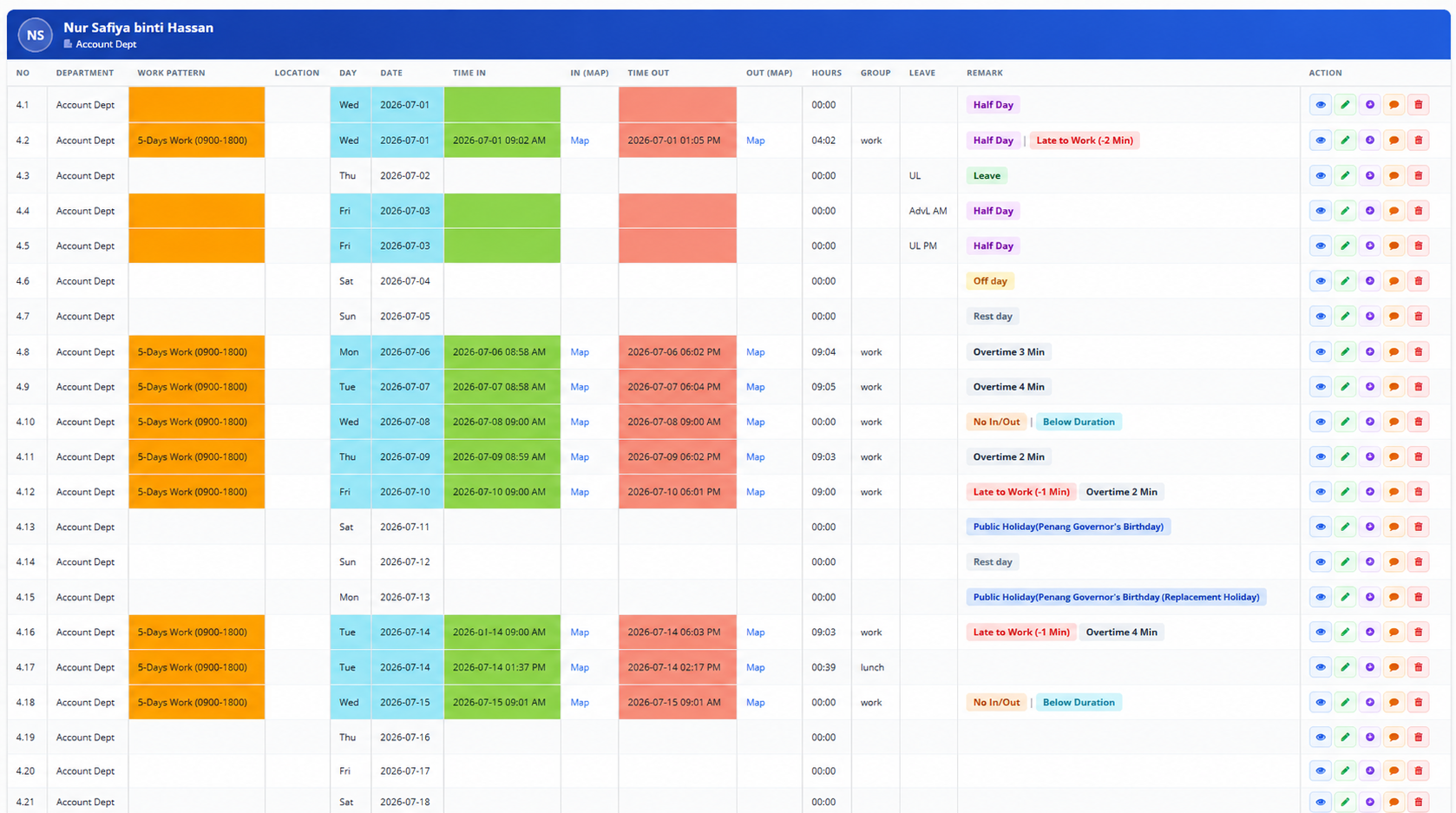 Attendance Calculation, Exceptions & Reports: Calculated attendance list